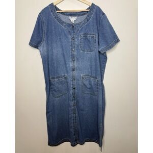 Vintage Denim Maxi Dress Medium‎ Jean Chore Pockets Button Up Prairie Country M